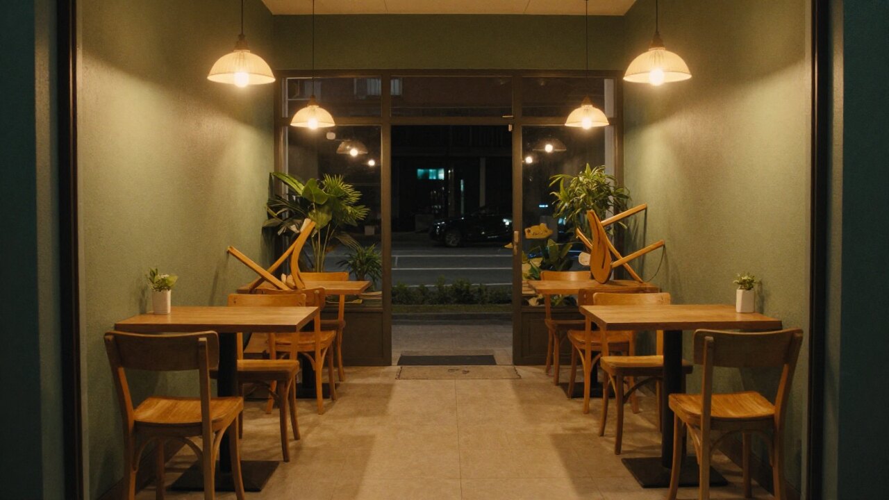 打烊后的小店,椅子倒扣在桌上,暖灯亮着
